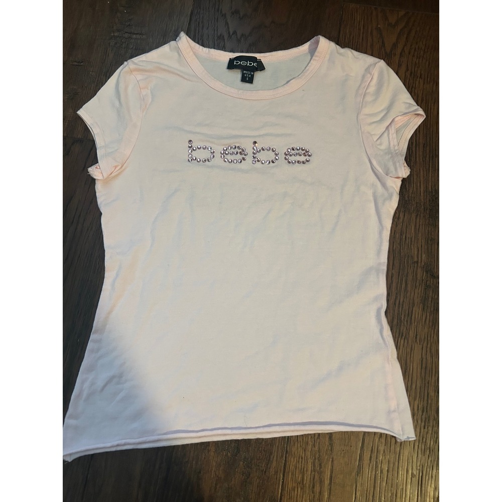 Bebe Light Pink Rhinestone Logo Baby Tee Y2K Short Sleeve Top Small USA Made